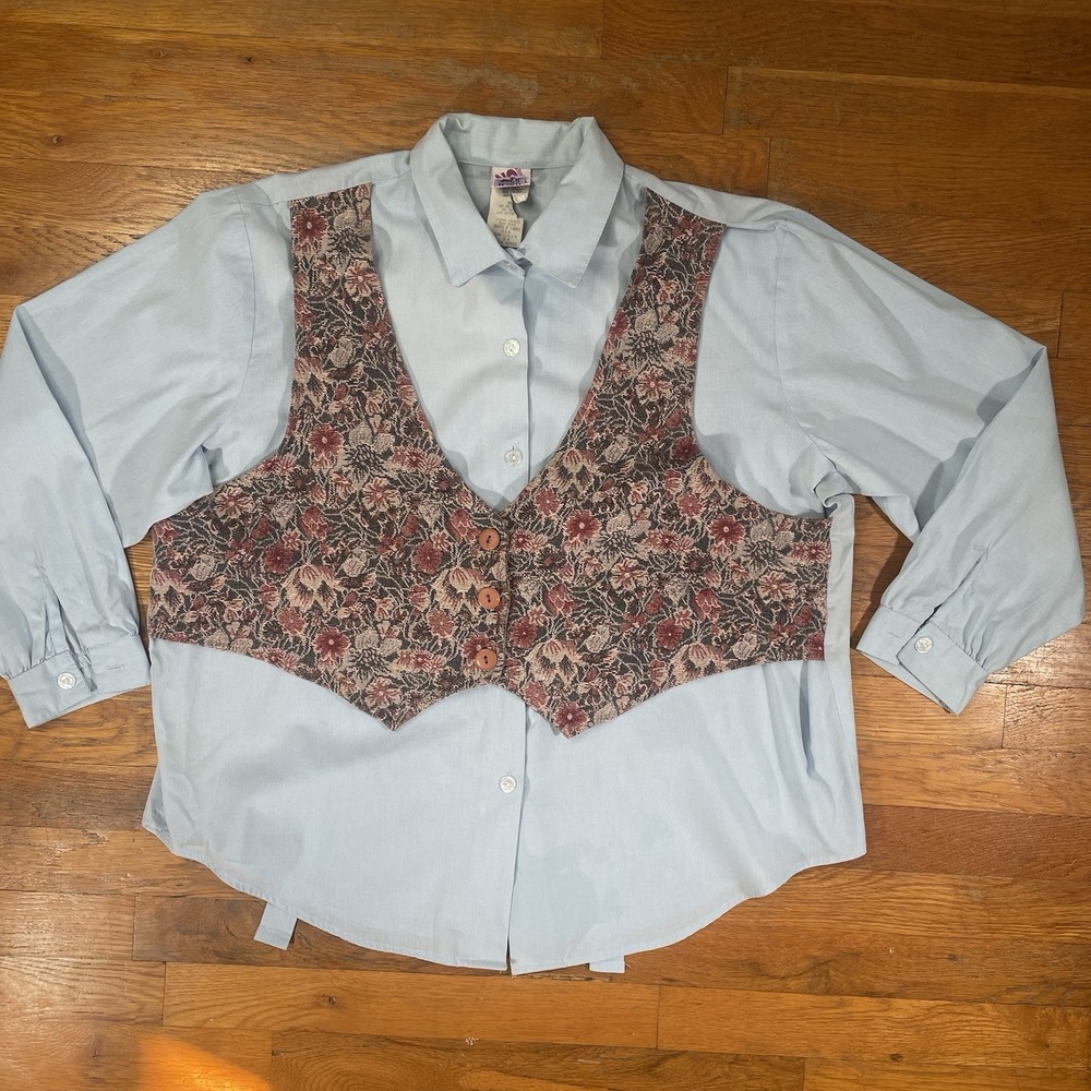 Vintage No Boundaries Womens Shirt + Vest Blue 20W Button Up Made USA 1980's